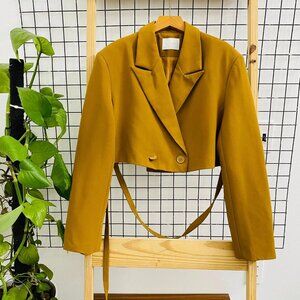 Mustard Yellow Cropped Blazer Double Button Tie Waist
